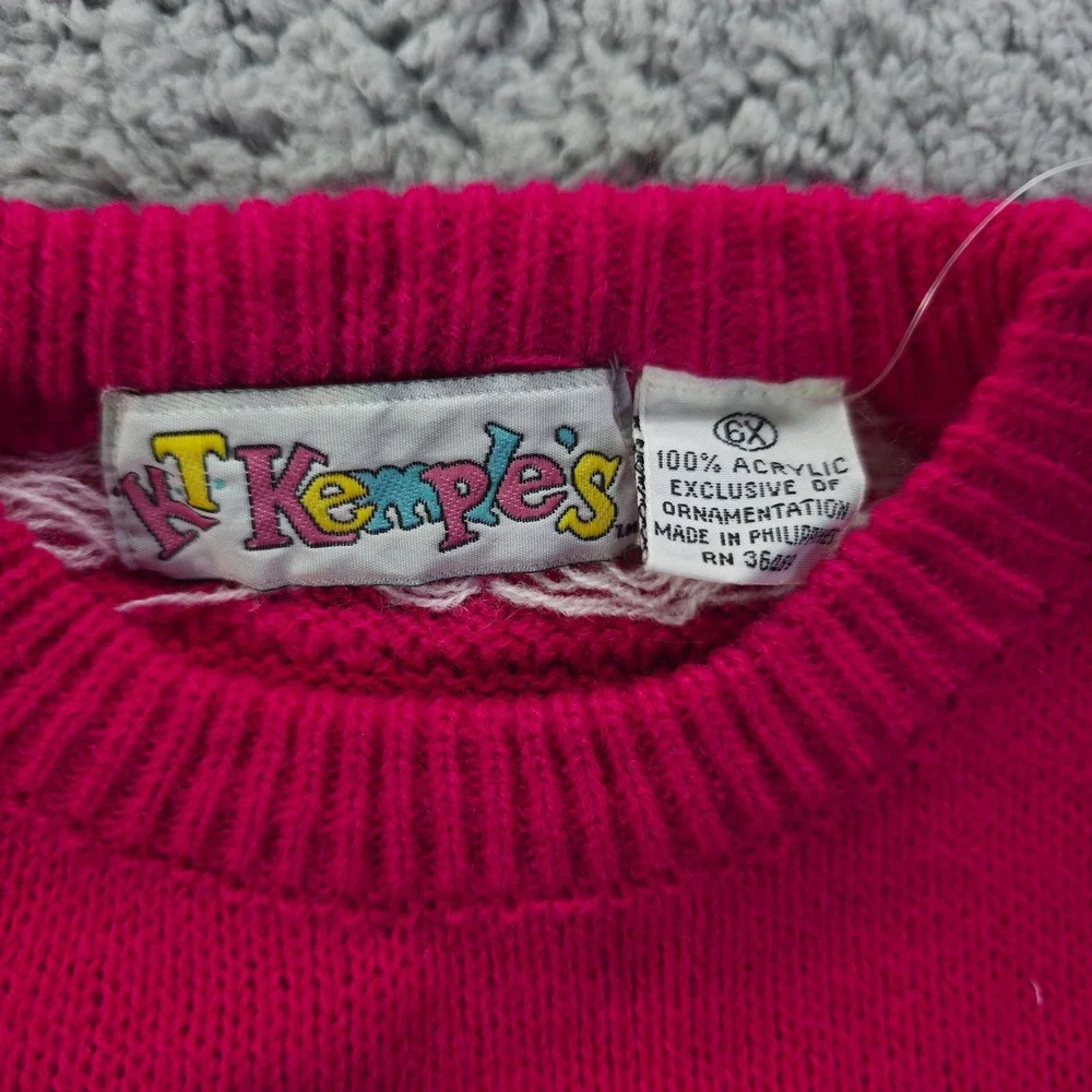 KT Kemples Girls Pink Heart Knit Sweater Vintage Size 6X Magenta Pullover